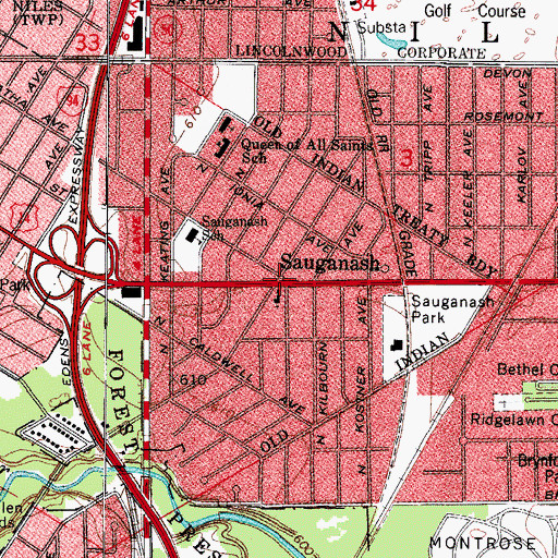 Topographic Map of Sauganash, IL