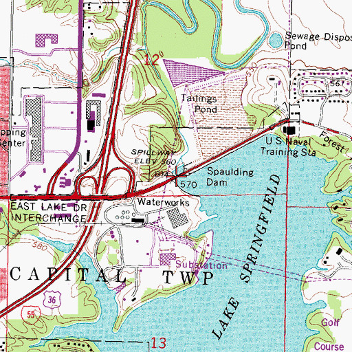 Topographic Map of Lake Springfield, IL