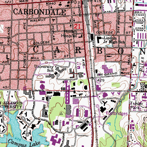 Topographic Map of Southern Illinois University Carbondale, IL