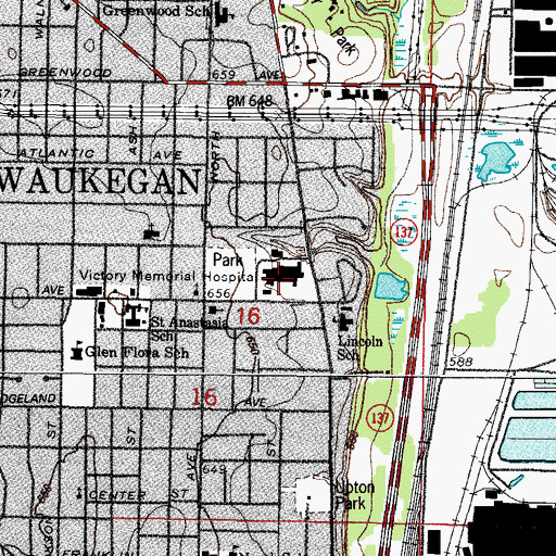 Topographic Map of Vista Health System Victory Memorial Hospital, IL