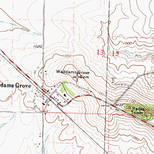 Topographic Map of Waddams Grove Cemetery, IL
