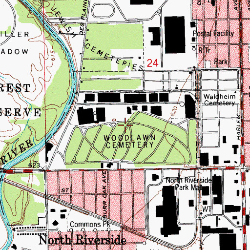Topographic Map of Woodlawn Cemetery, IL