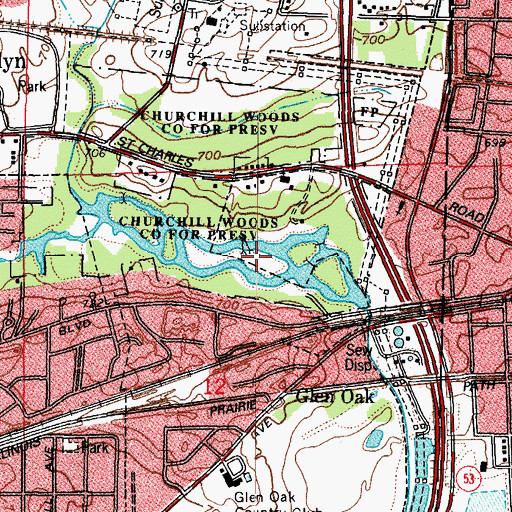 Topographic Map of Churchill Woods, IL