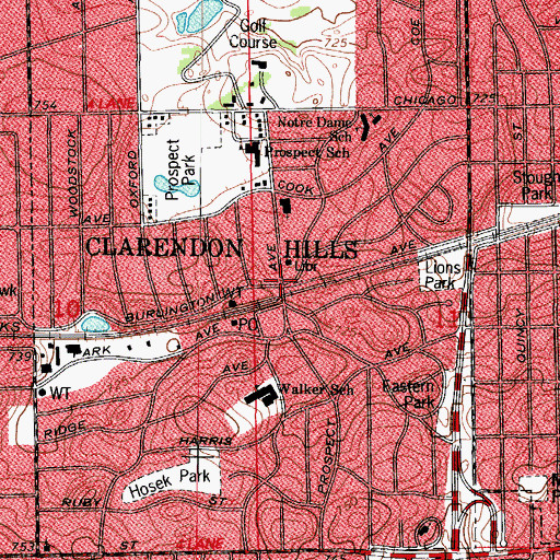 Topographic Map of Clarendon Hills, IL