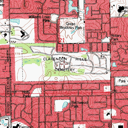 Topographic Map of Clarendon Hills Cemetery, IL