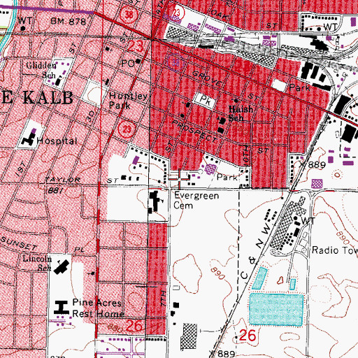 Topographic Map of Evergreen Cemetery, IL