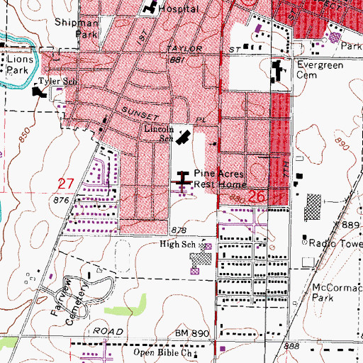 Topographic Map of Pine Acres Rest Home, IL