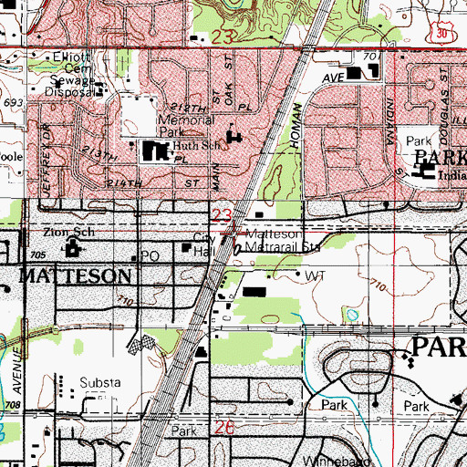 Topographic Map of Matteson Metrorail Station, IL