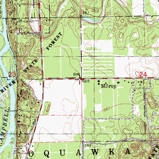 Topographic Map of Milroy, IL