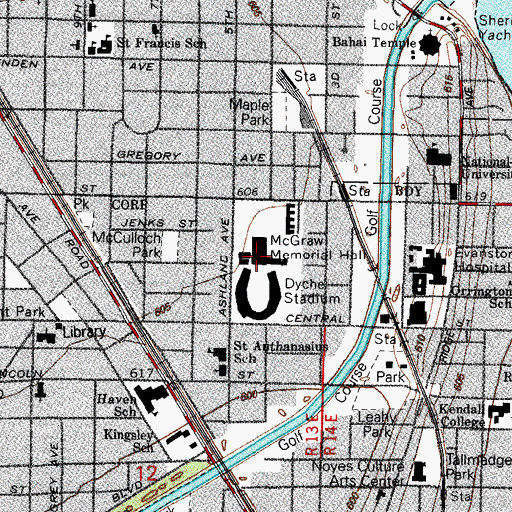 Topographic Map of McGraw Memorial Hall, IL