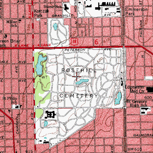 Topographic Map of Rosehill Cemetery, IL