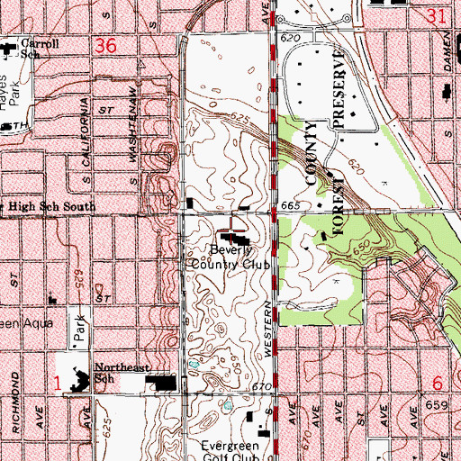 Topographic Map of Beverly Country Club, IL