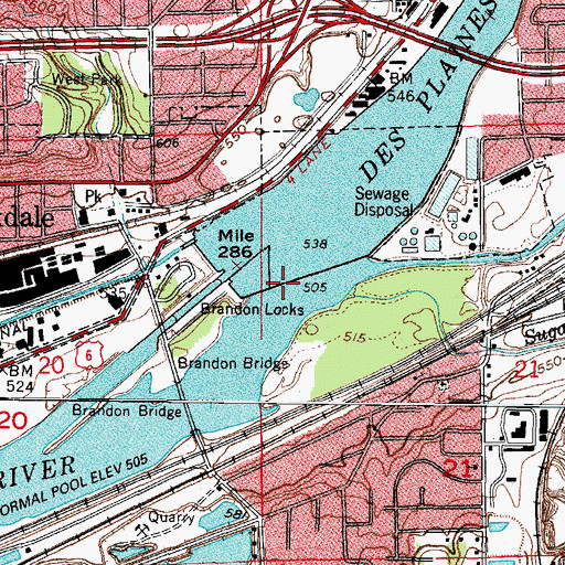 Topographic Map of Brandon Locks, IL