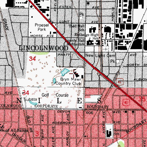 Topographic Map of Bryn Mawr Country Club, IL