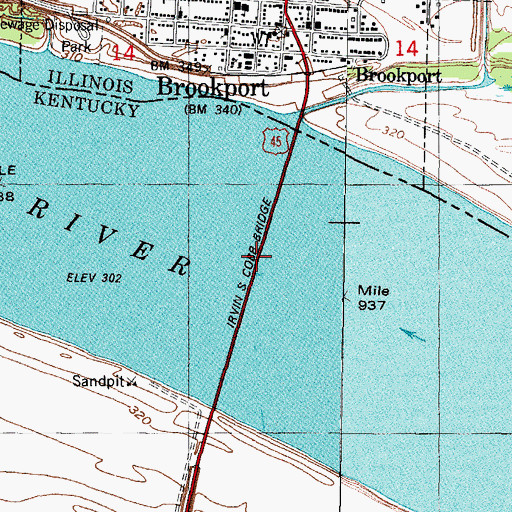 Topographic Map of Irvin S Cobb Bridge, IL