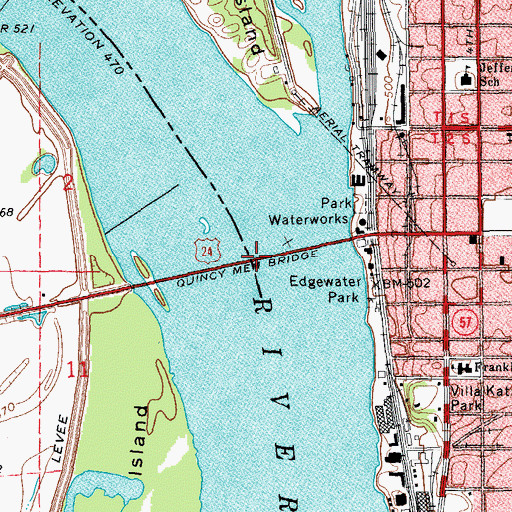 Topographic Map of Quincy Memorial Bridge, IL