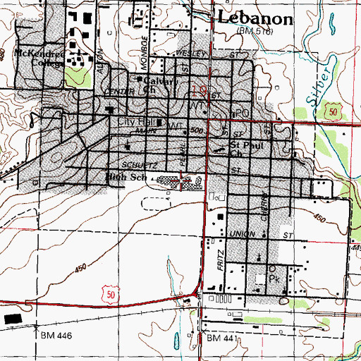 Topographic Map of Lebanon School, IL