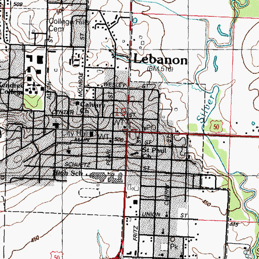 Topographic Map of Lebanon, IL