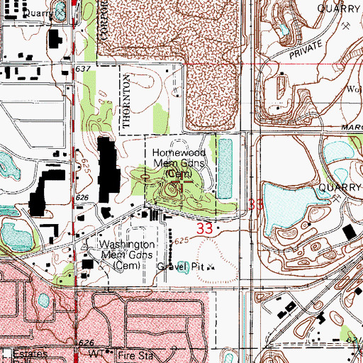 Topographic Map of Homewood Memorial Gardens, IL
