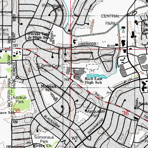 Topographic Map of Rich East High School, IL