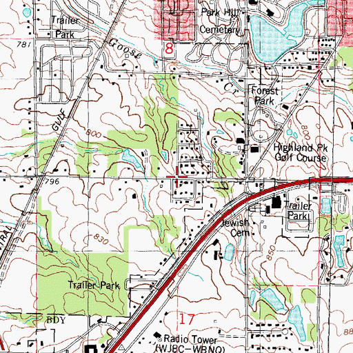 Topographic Map of WJBC-AM (Bloomington), IL