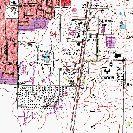 Topographic Map of WDWS-AM (Champaign), IL