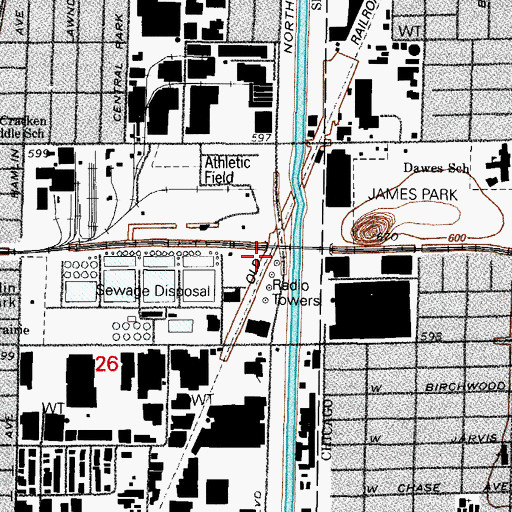 Topographic Map of WONX-AM (Evanston), IL