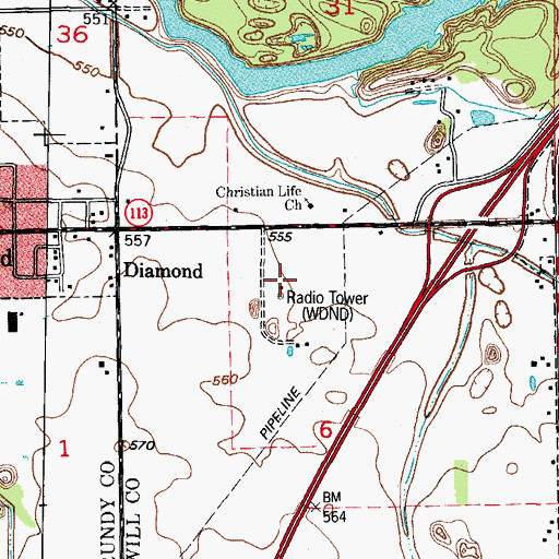 Topographic Map of WDND-FM (Wilmington), IL