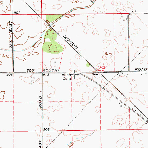 Topographic Map of Allen Cemetery, IN