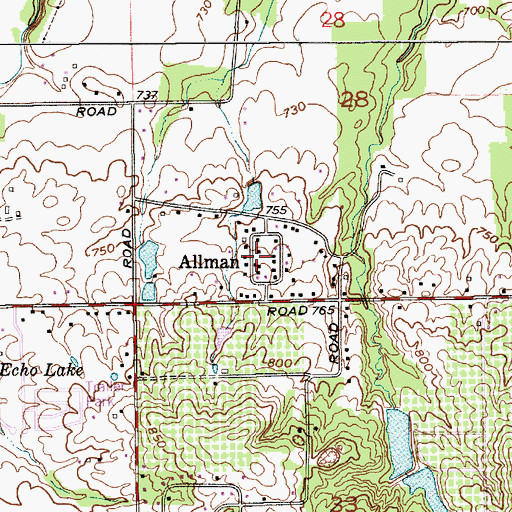 Topographic Map of Allman, IN