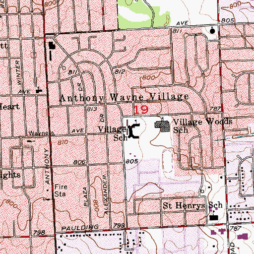 Topographic Map of Anthony Wayne Village, IN