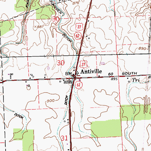 Topographic Map of Antiville, IN