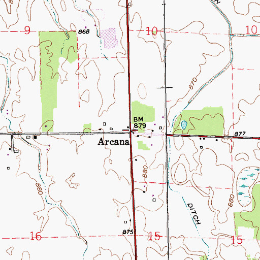 Topographic Map of Arcana, IN
