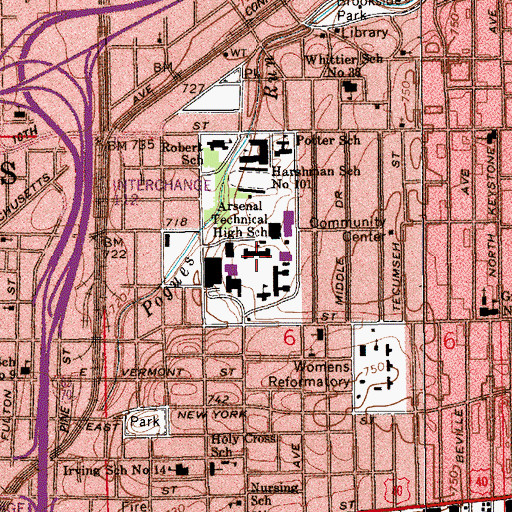 Topographic Map of Arsenal Technical High School, IN