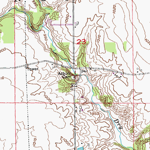 Topographic Map of Asbury Cemetery, IN