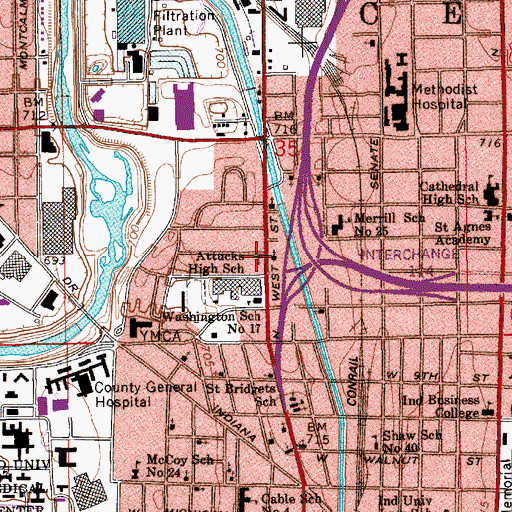 Topographic Map of Crispus Attucks High School, IN