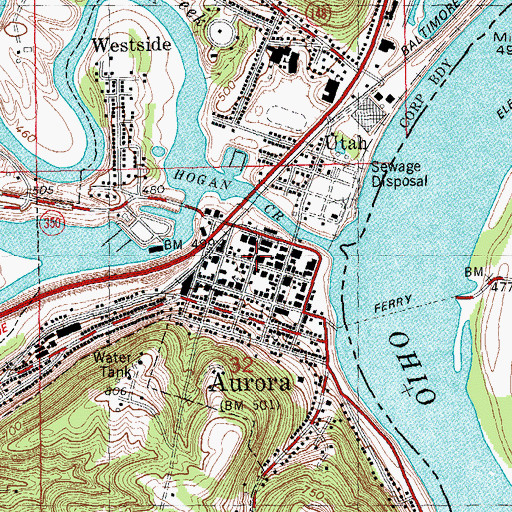 Topographic Map of Aurora, IN