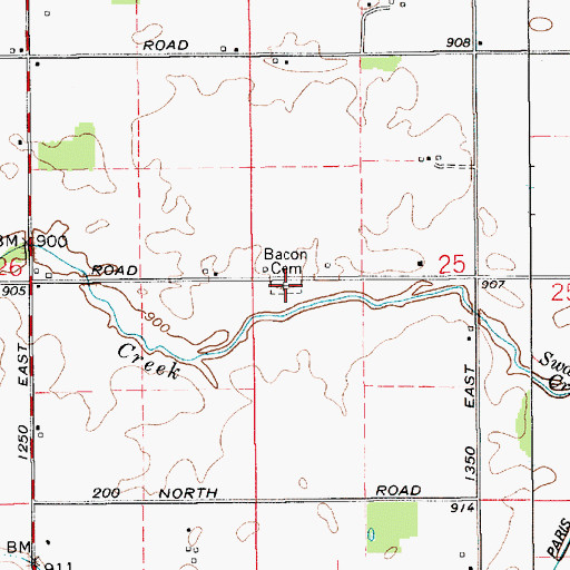 Topographic Map of Bacon Cemetery, IN