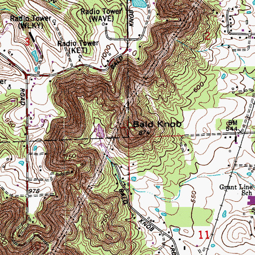 Topographic Map of Bald Knob, IN