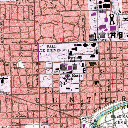 Topographic Map of Indiana University Ball Memorial Hospital, IN