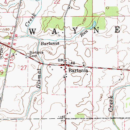Topographic Map of Bartonia, IN