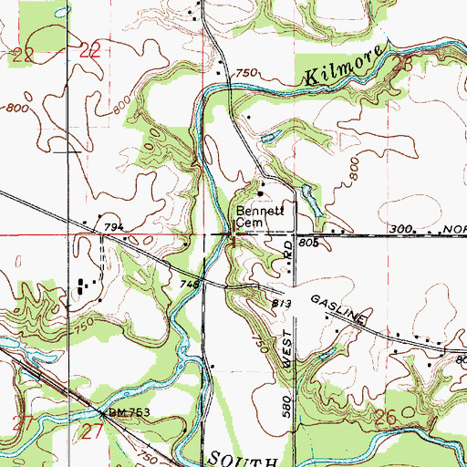 Topographic Map of Bennett Cemetery, IN