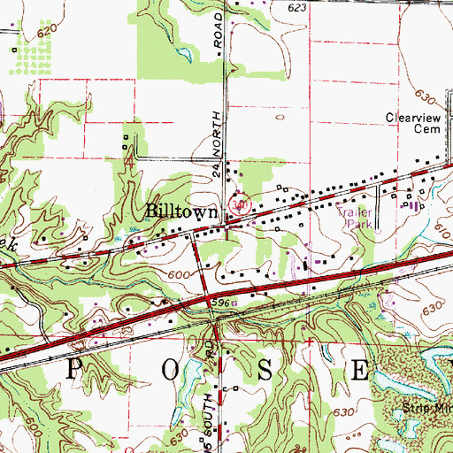 Topographic Map of Billtown, IN