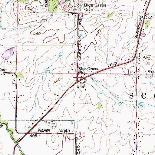 Topographic Map of Blue Grass Church, IN