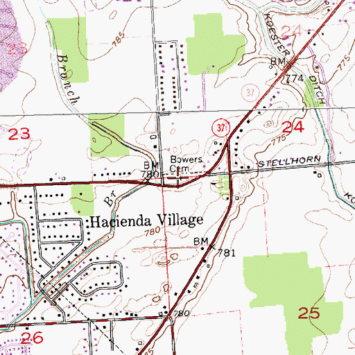 Topographic Map of Bowers Cemetery, IN