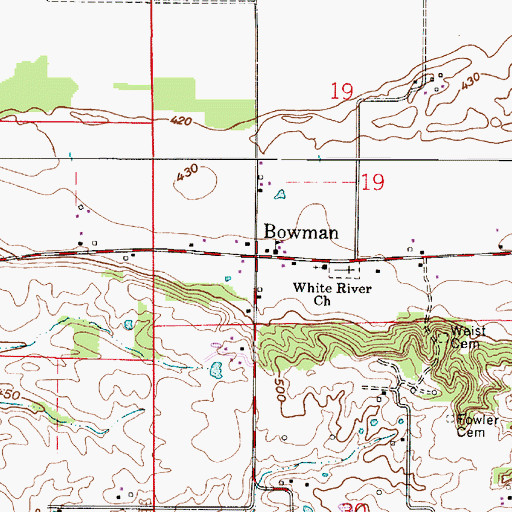 Topographic Map of Bowman, IN