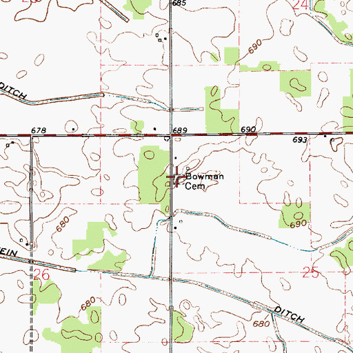 Topographic Map of Bowman Cemetery, IN