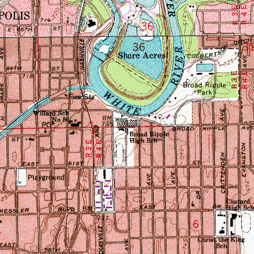 Topographic Map of Broad Ripple High School, IN