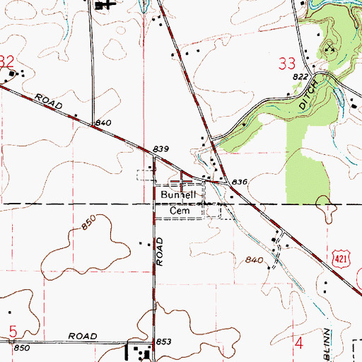 Topographic Map of Bunnell Cemetery, IN