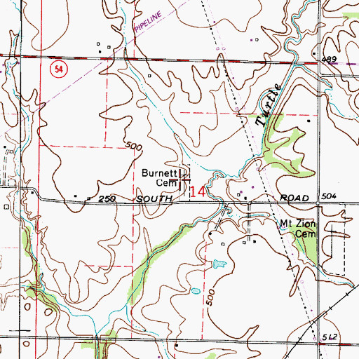 Topographic Map of Burnett Cemetery, IN
